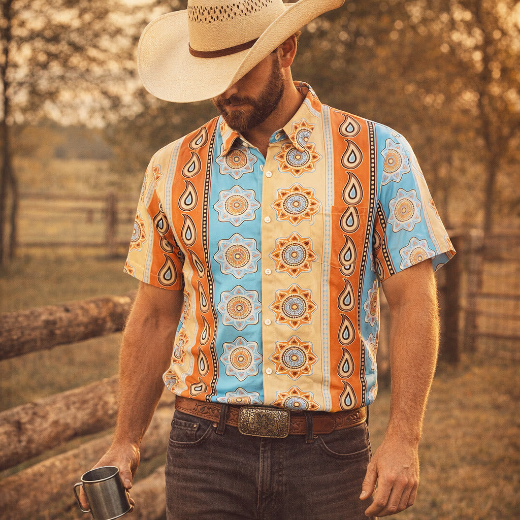 Men's Vintage Western Print Short Sleeve Button Up Shirt - Orange - 3XL - image 0