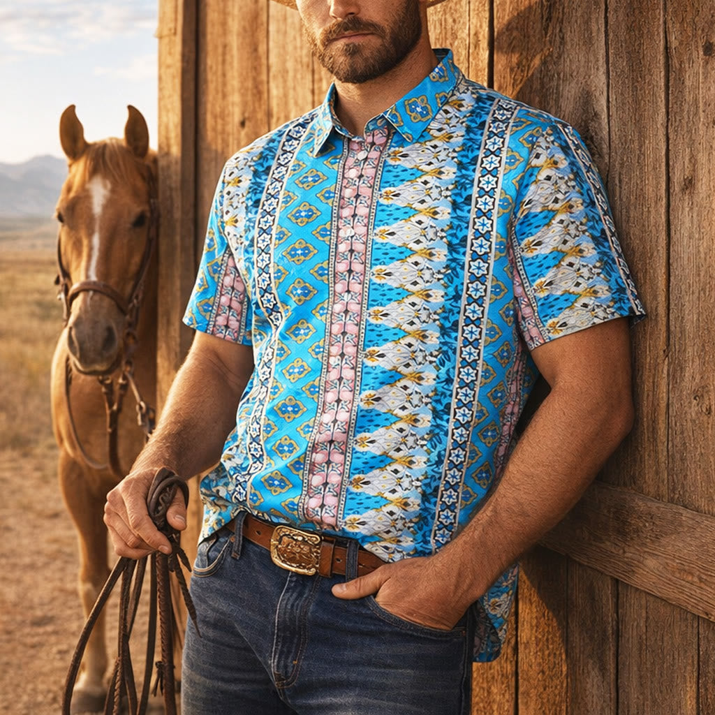 Men's Summer Western Graphic Print Short Sleeve Shirt - image 0