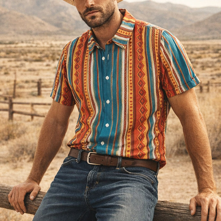 Men's Retro Western Geometric Stripe Short Sleeve Casual Shirt - image 0