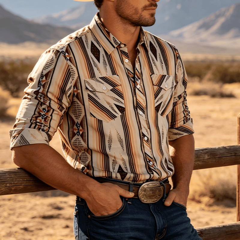 Men's Summer Western Geometric Stripe Long Sleeve Button Down Shirt - image 0