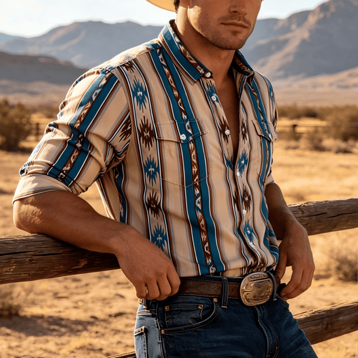 Men's Vintage Western Stripe Print Long Sleeve Casual Shirt - Green - 3XL - image 0