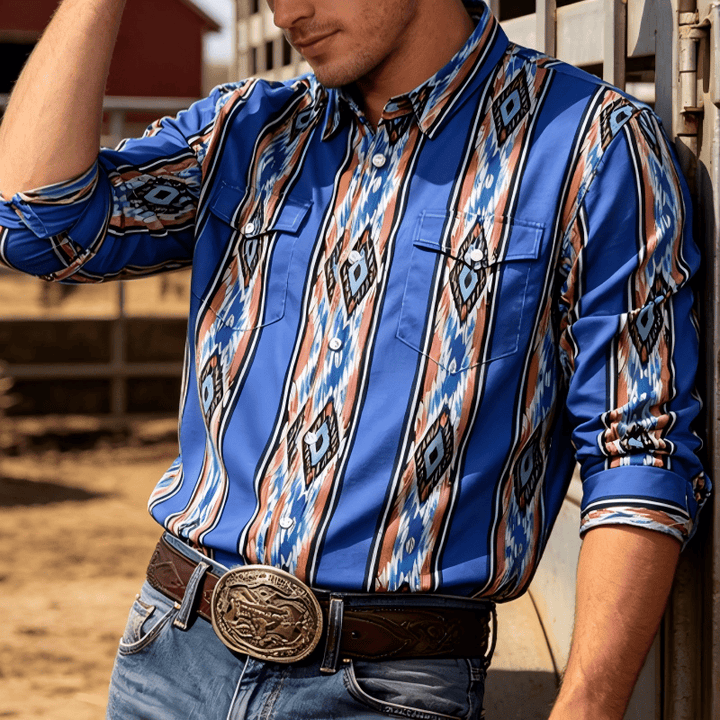 Men's Fashion Western Ethnic Blue Stripe Long Sleeve Button Down Shirt - image 0