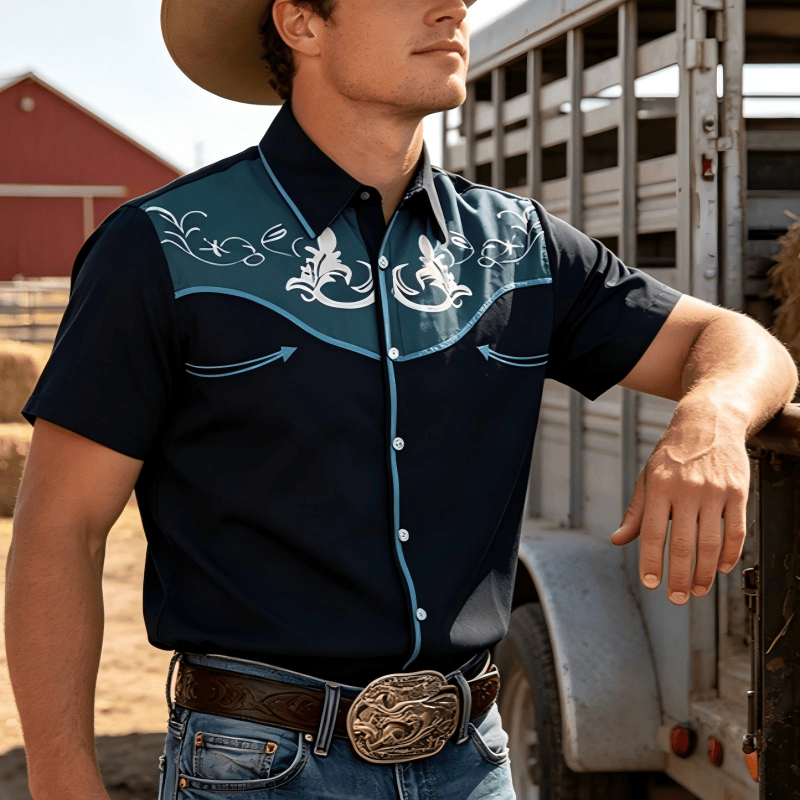 Men's Western Printed Short Sleeve Button Down Shirt - Lake Blue - 5XL - image 0