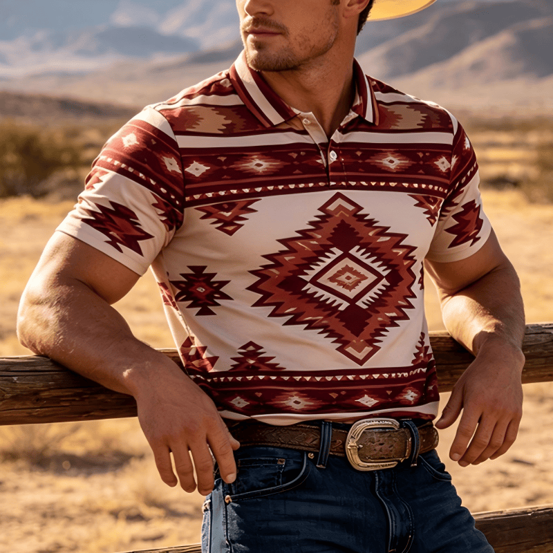 Men's Geometric Print Short Sleeve Casual Polo Shirt - Red - 3XL - image 0