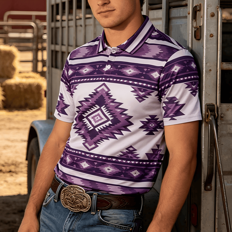 Men's Geometric Print Short Sleeve Casual Polo Shirt - Purple - 3XL - image 7