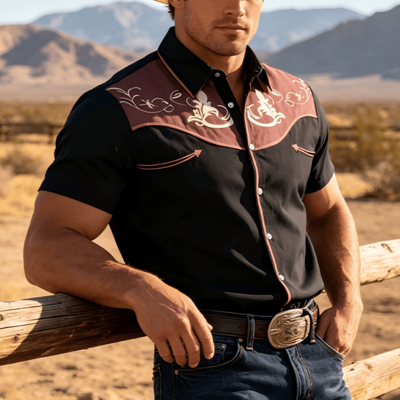 Men's Western Printed Short Sleeve Button Down Shirt - Red - 5XL - image 3