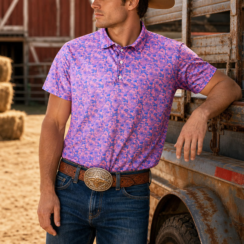 Men's Pink Blue Floral Print Short Sleeve Polo Shirt - image 0