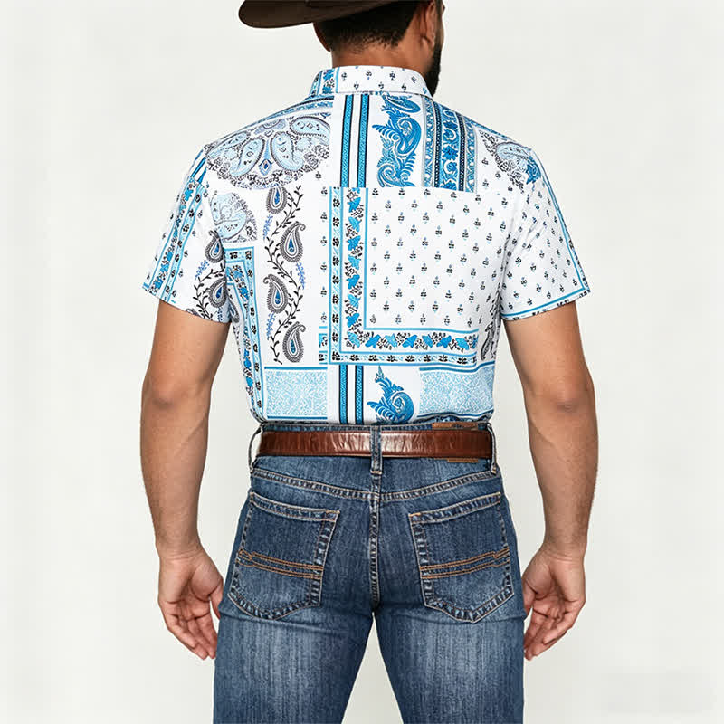 Men's Vintage Blue & White Patchwork Paisley Print Shirt - image 2
