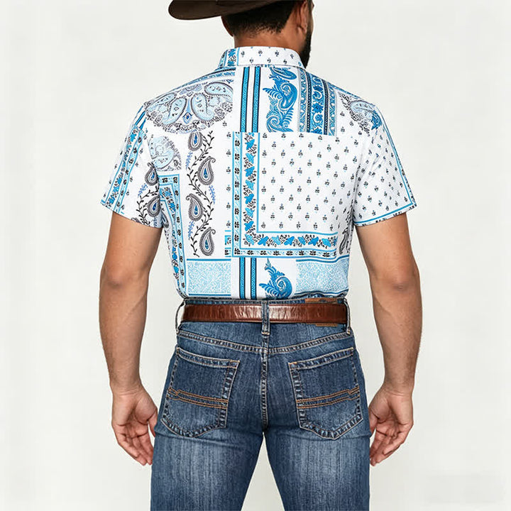 Men's Vintage Blue & White Patchwork Paisley Print Shirt - image 2