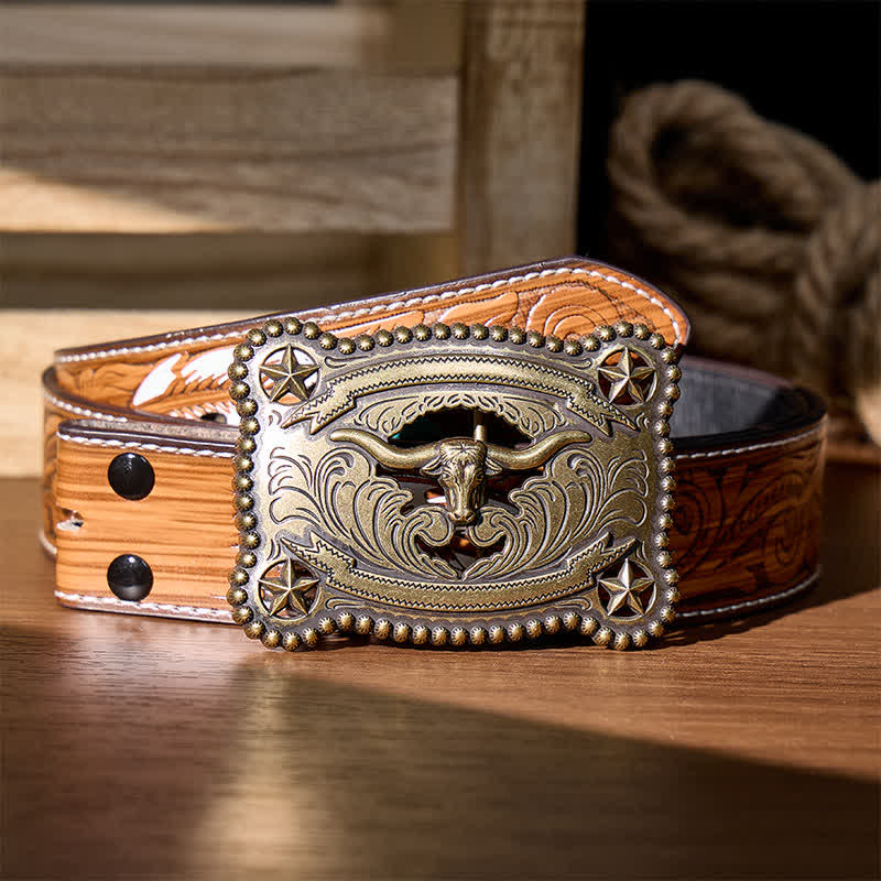 Men's Texas Longhorn Star Hollow Out DIY Buckle Leather Belt - Bronze - Brown Feather Belt - 40 - image 6