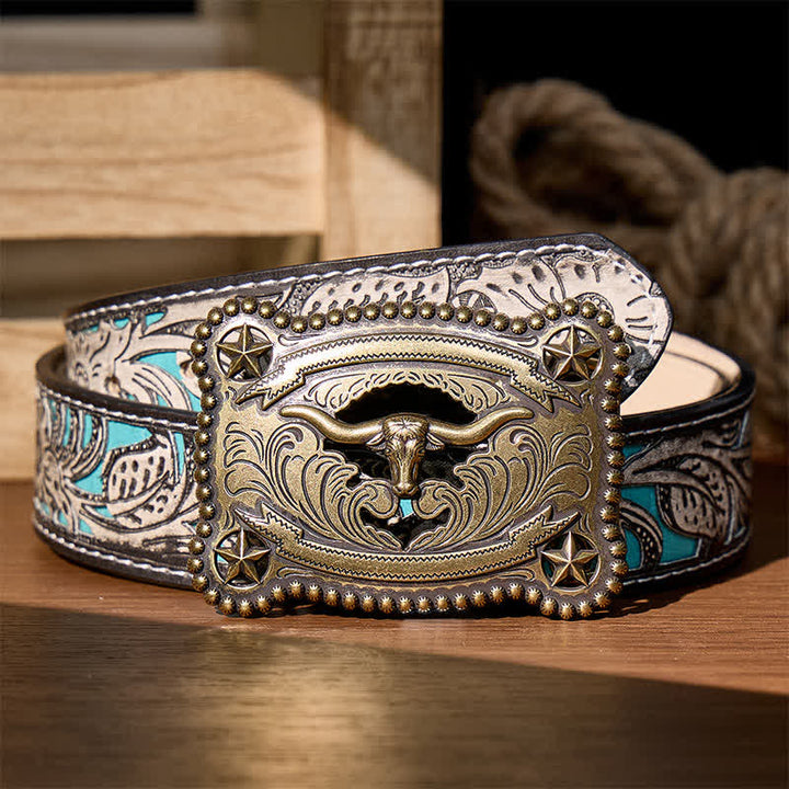 Men's Texas Longhorn Star Hollow Out DIY Buckle Leather Belt - Bronze - Gray Floral Belt - 42 - image 7