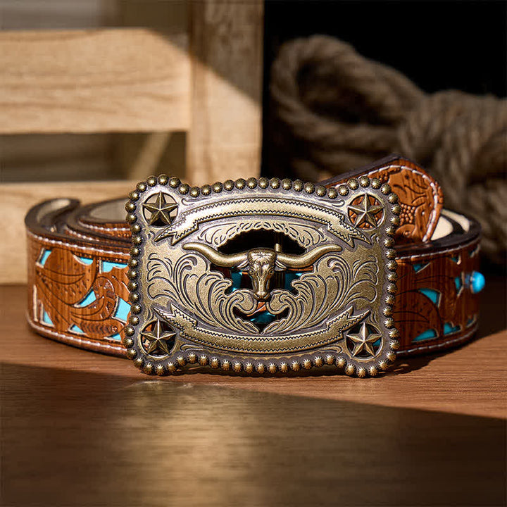 Men's Texas Longhorn Star Hollow Out DIY Buckle Leather Belt - Bronze - Turquoise Carved Belt - 42 - image 3