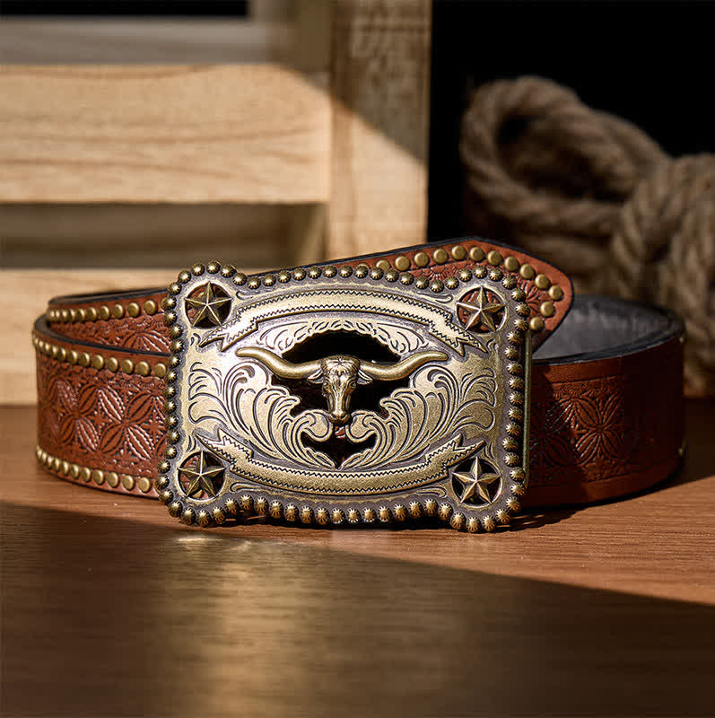 Men's Texas Longhorn Star Hollow Out DIY Buckle Leather Belt - Bronze - Brown Rivet Belt - 42 - image 4