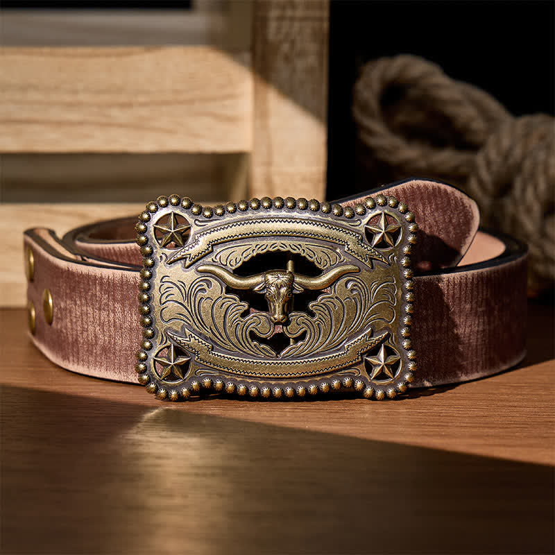 Men's Texas Longhorn Star Hollow Out DIY Buckle Leather Belt - Bronze - Brown Distressed Belt - 42 - image 5