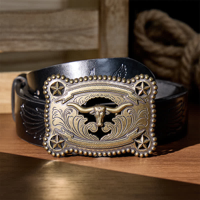 Men's Texas Longhorn Star Hollow Out DIY Buckle Leather Belt - Bronze - Black Embossed Eagle Belt - 42 - image 2