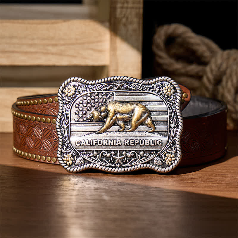California Republic Bear Western DIY Buckle Leather Belt - Silver - Brown Rivet Belt - 42 - image 4