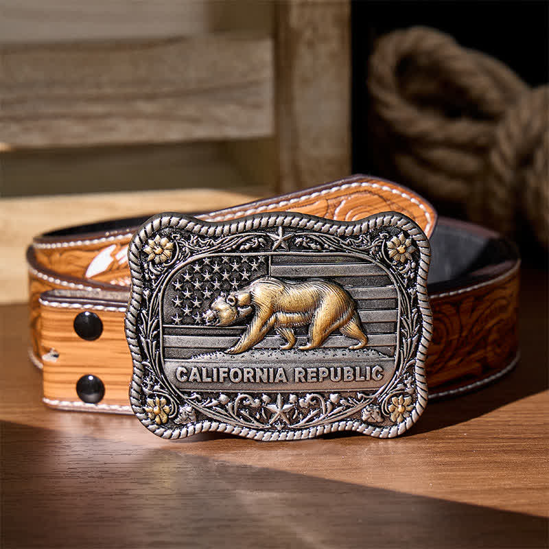 California Republic Bear Western DIY Buckle Leather Belt - Silver - Brown Feather Belt - 40 - image 6