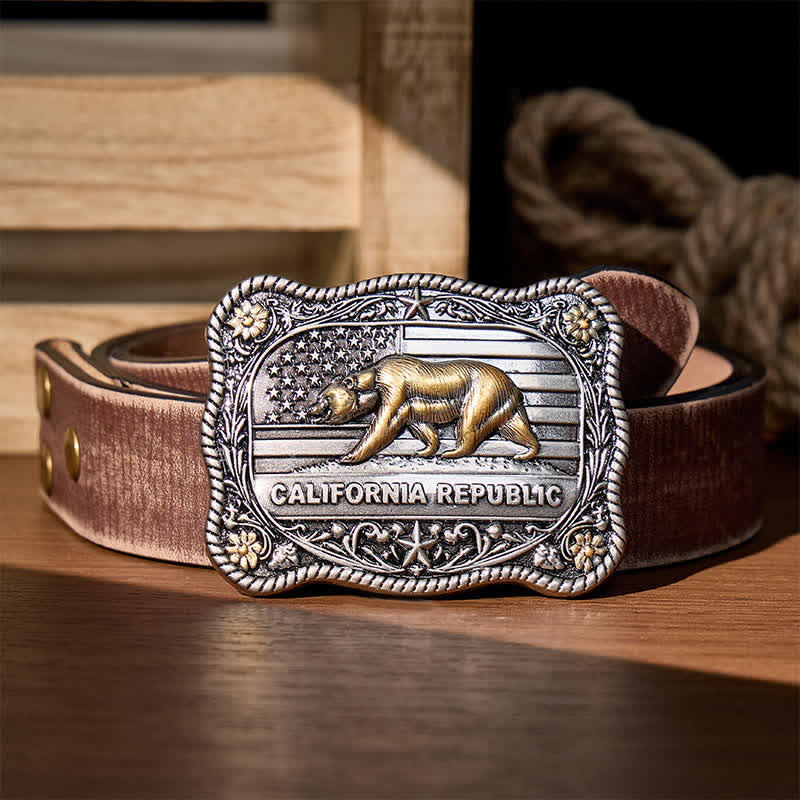 California Republic Bear Western DIY Buckle Leather Belt - Silver - Brown Distressed Belt - 42 - image 5