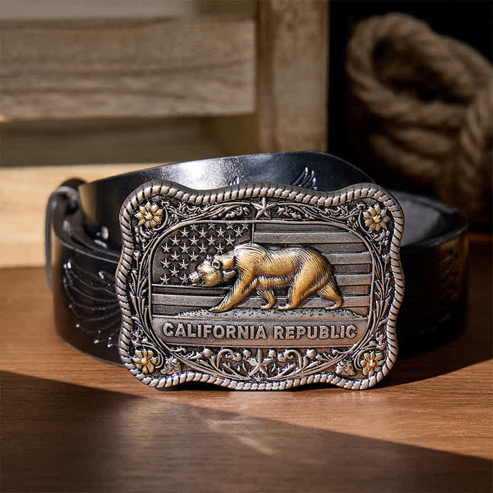 California Republic Bear Western DIY Buckle Leather Belt - Silver - Black Embossed Eagle Belt - 42 - image 2