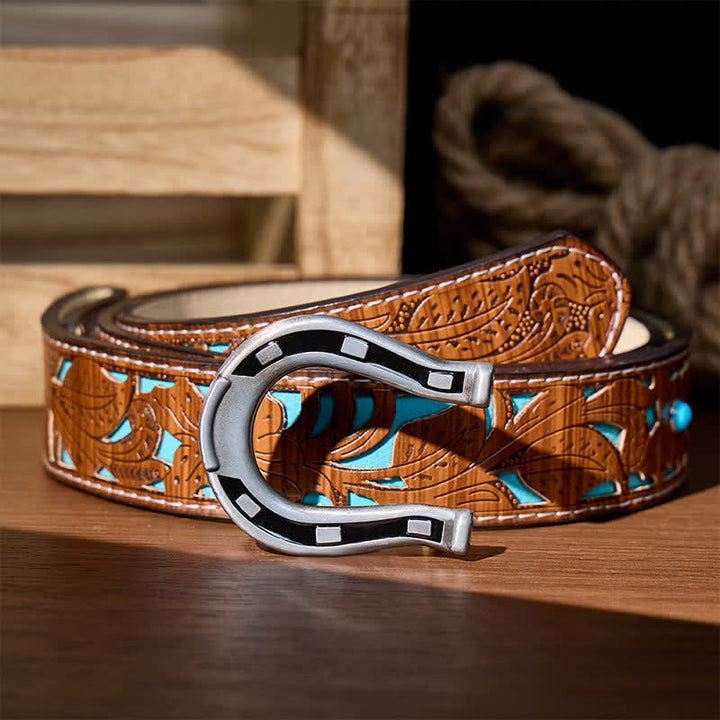 Western Luck Horseshoe-Shaped DIY Buckle Leather Belt - Silver - Turquoise Carved Belt - 42 - image 10