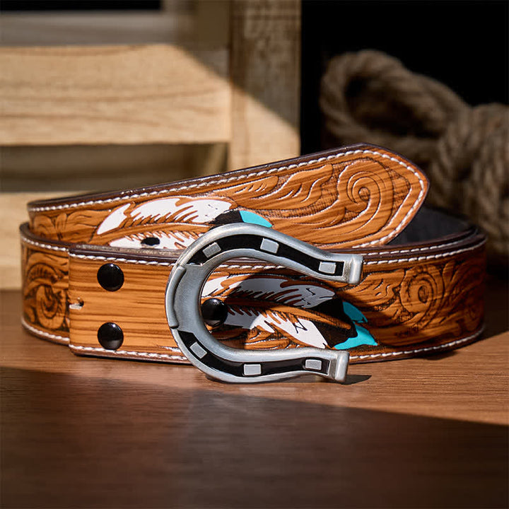 Western Luck Horseshoe-Shaped DIY Buckle Leather Belt - Silver - Brown Feather Belt - 40 - image 13