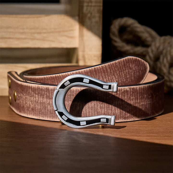 Western Luck Horseshoe-Shaped DIY Buckle Leather Belt - Silver - Brown Distressed Belt - 42 - image 12