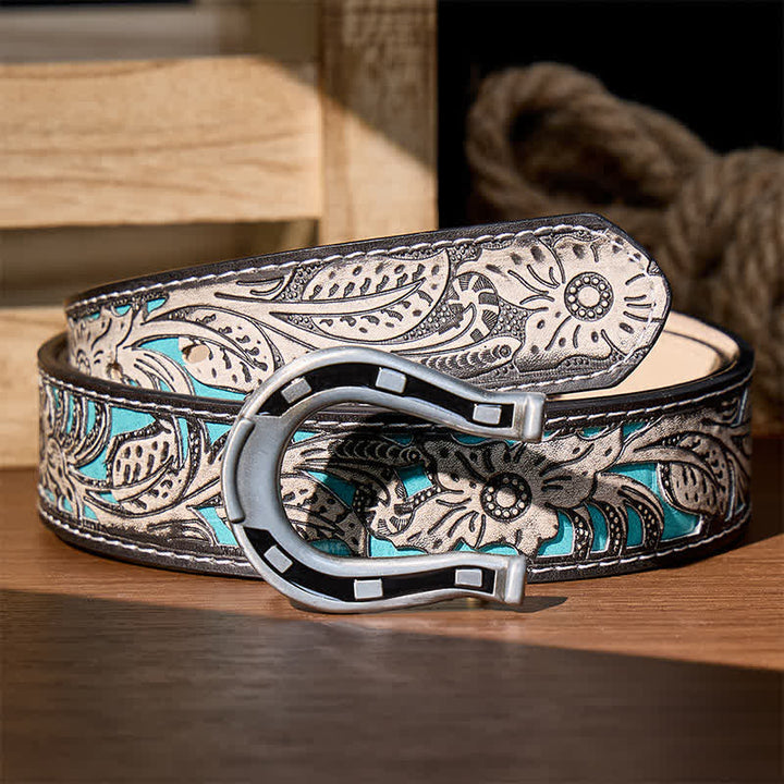Western Luck Horseshoe-Shaped DIY Buckle Leather Belt - Silver - Gray Floral Belt - 42 - image 14