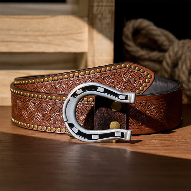 Western Luck Horseshoe-Shaped DIY Buckle Leather Belt - Silver - Brown Rivet Belt - 42 - image 11