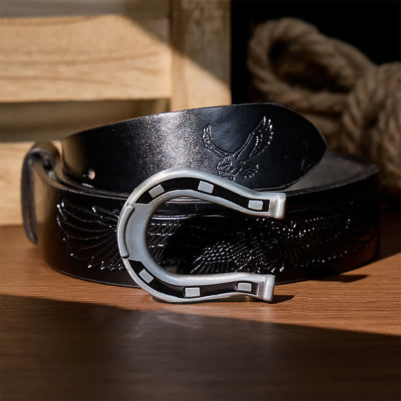 Western Luck Horseshoe-Shaped DIY Buckle Leather Belt - Silver - Black Embossed Eagle Belt - 42 - image 9