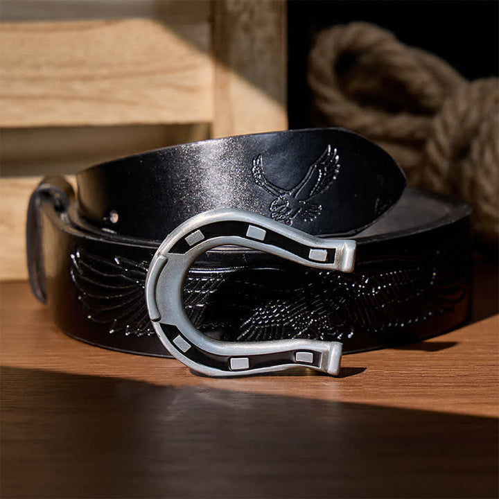 Western Luck Horseshoe-Shaped DIY Buckle Leather Belt - Silver - Black Embossed Eagle Belt - 42 - image 9