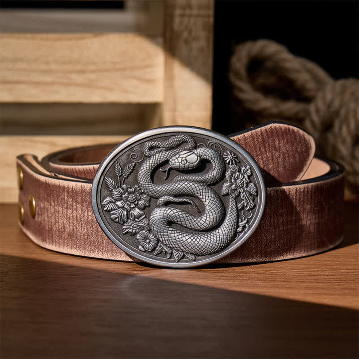 Dark Aesthetic Floral Serpent DIY Buckle Leather Belt - Silver - Brown Distressed Belt - 42 - image 4