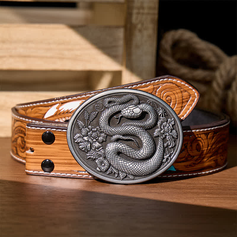 Dark Aesthetic Floral Serpent DIY Buckle Leather Belt - Silver - Brown Feather Belt - 40 - image 5