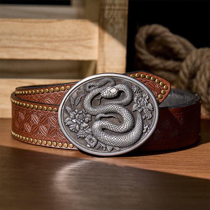 Dark Aesthetic Floral Serpent DIY Buckle Leather Belt - Silver - Brown Rivet Belt - 42 - image 3