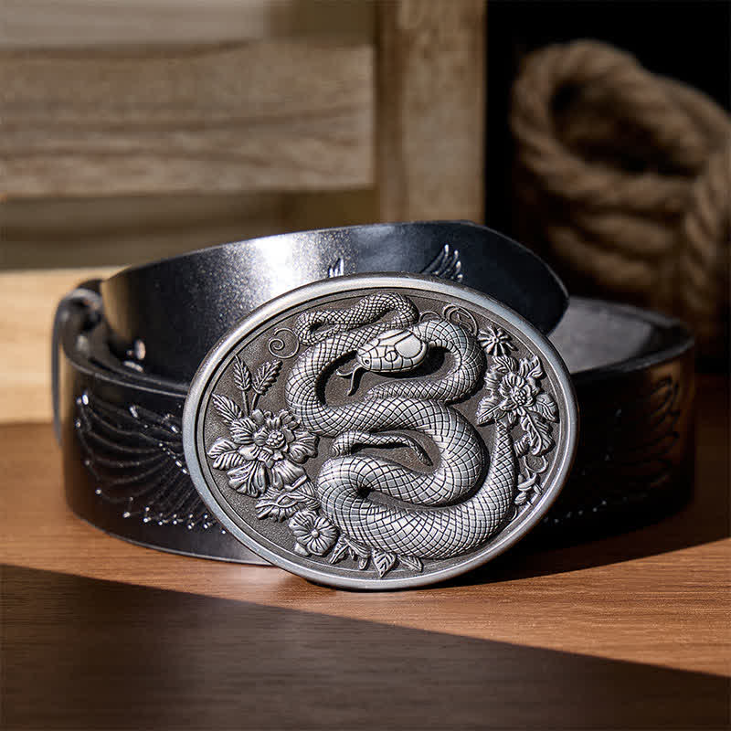Dark Aesthetic Floral Serpent DIY Buckle Leather Belt - Silver - Black Embossed Eagle Belt - 42 - image 1