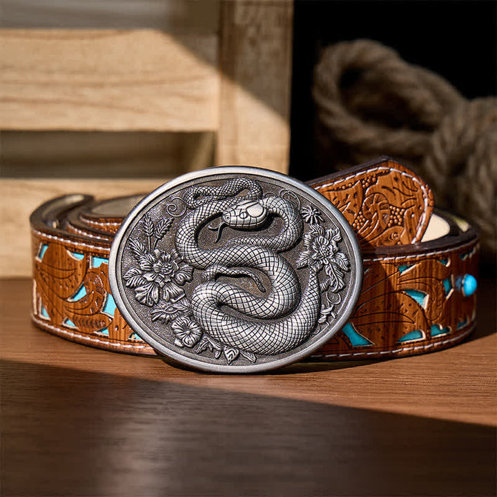 Dark Aesthetic Floral Serpent DIY Buckle Leather Belt - Silver - Turquoise Carved Belt - 42 - image 2