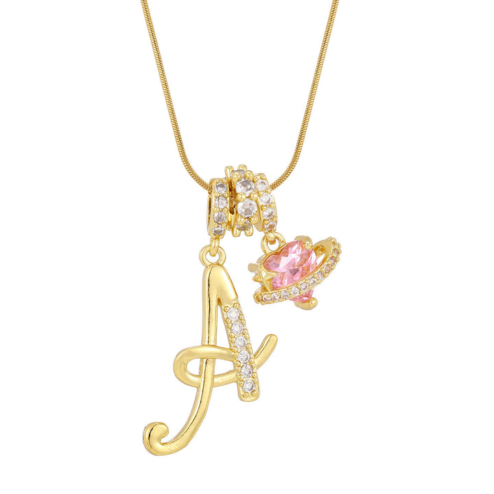 Trendy Dopamine Style Letter Pink Heart Charm Necklace - A - Golden - image 3