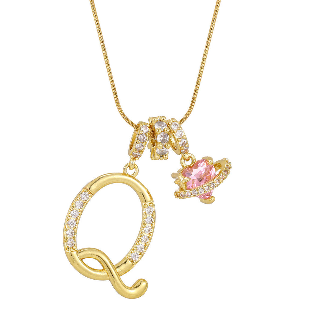 Trendy Dopamine Style Letter Pink Heart Charm Necklace - Q - Golden - image 18