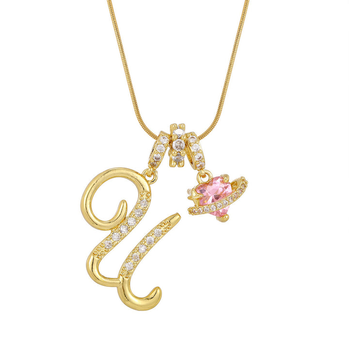 Trendy Dopamine Style Letter Pink Heart Charm Necklace - U - Golden - image 22
