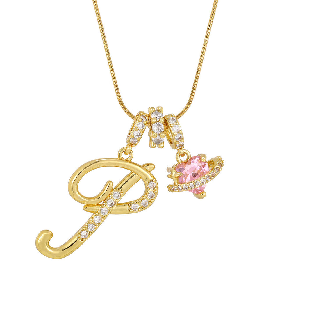 Trendy Dopamine Style Letter Pink Heart Charm Necklace - P - Golden - image 17