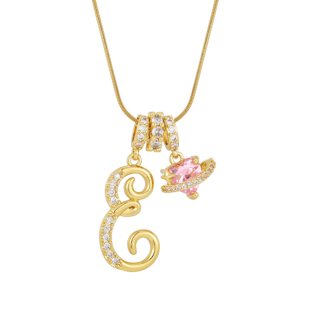 Trendy Dopamine Style Letter Pink Heart Charm Necklace - E - Golden - image 7