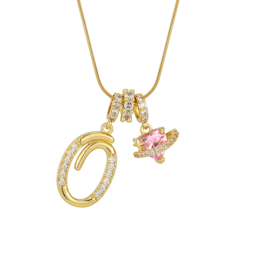 Trendy Dopamine Style Letter Pink Heart Charm Necklace - O - Golden - image 16