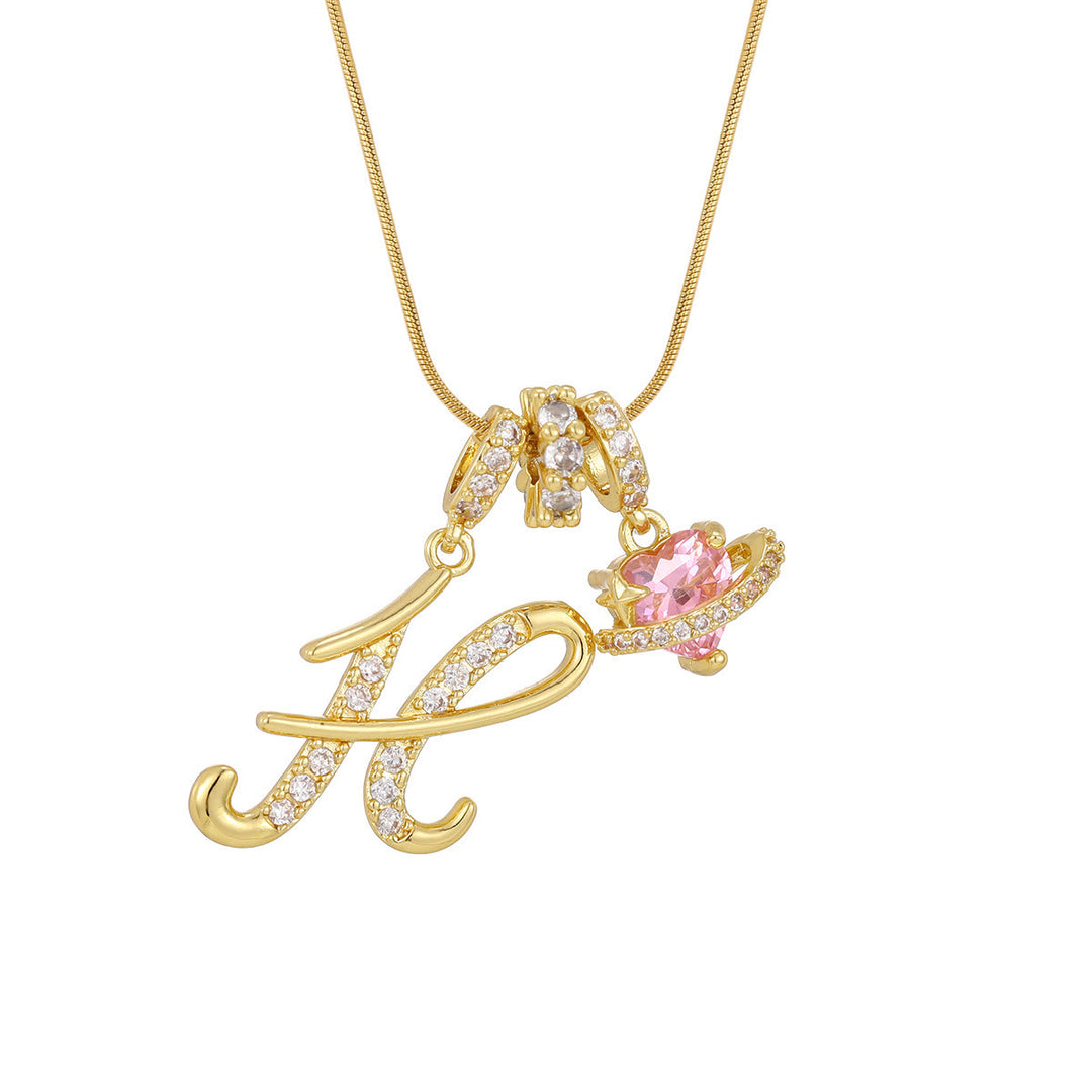 Trendy Dopamine Style Letter Pink Heart Charm Necklace - H - Golden - image 10