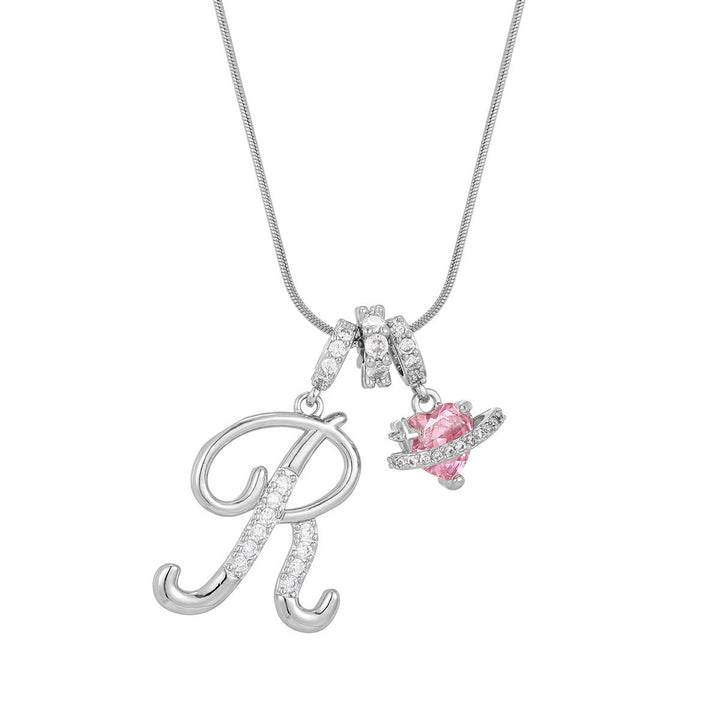 Trendy Dopamine Style Letter Pink Heart Charm Necklace - R - Silver - image 45