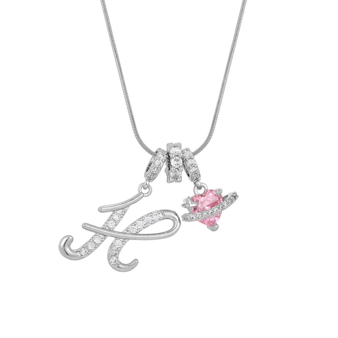 Trendy Dopamine Style Letter Pink Heart Charm Necklace - H - Silver - image 36