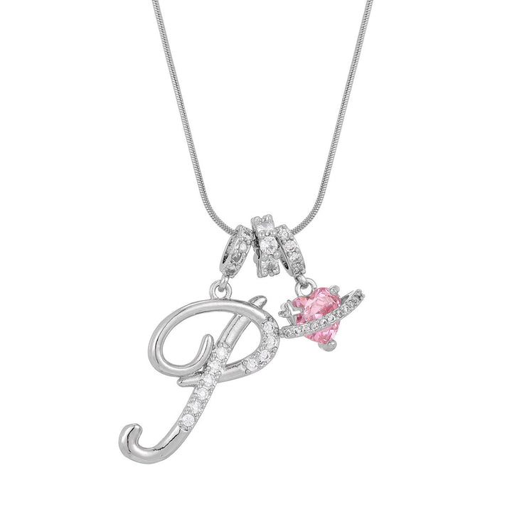 Trendy Dopamine Style Letter Pink Heart Charm Necklace - P - Silver - image 43