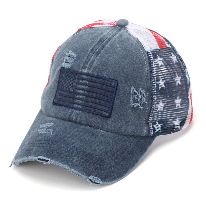 Adjustable Ponytail Breathable Washed Denim Tactical Baseball Cap - Blue - Adjustable(22 7/8"-24 1/2") - image 0