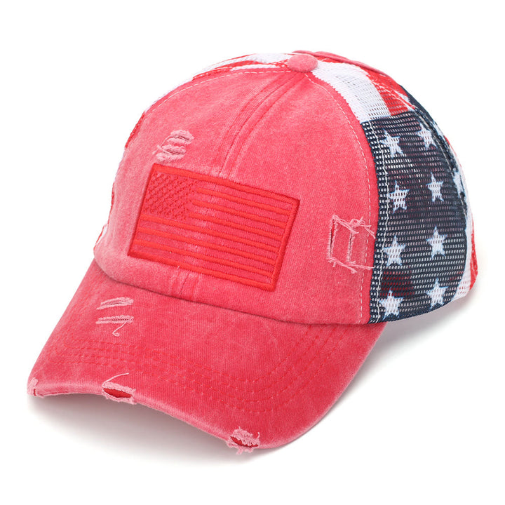 Adjustable Ponytail Breathable Washed Denim Tactical Baseball Cap - Red - Adjustable(22 7/8"-24 1/2") - image 1