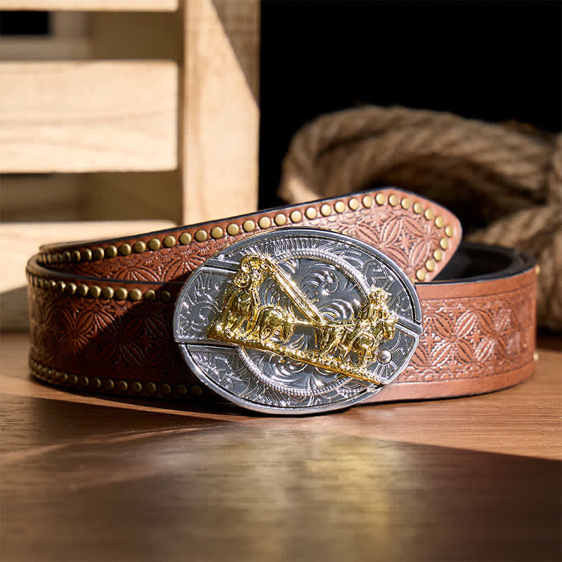 Western Horse Carriage DIY Hidden Folding Knife Gold Buckle Leather Belt - Horse Carriage - Brown Rivet Belt - 42 - image 4