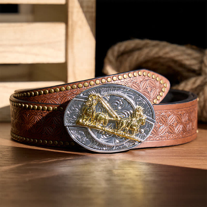 Western Horse Carriage DIY Hidden Folding Knife Gold Buckle Leather Belt - Horse Carriage - Brown Rivet Belt - 42 - image 4