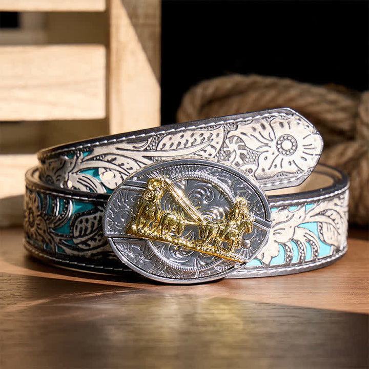 Western Horse Carriage DIY Hidden Folding Knife Gold Buckle Leather Belt - Horse Carriage - Gray Floral Belt - 42 - image 8